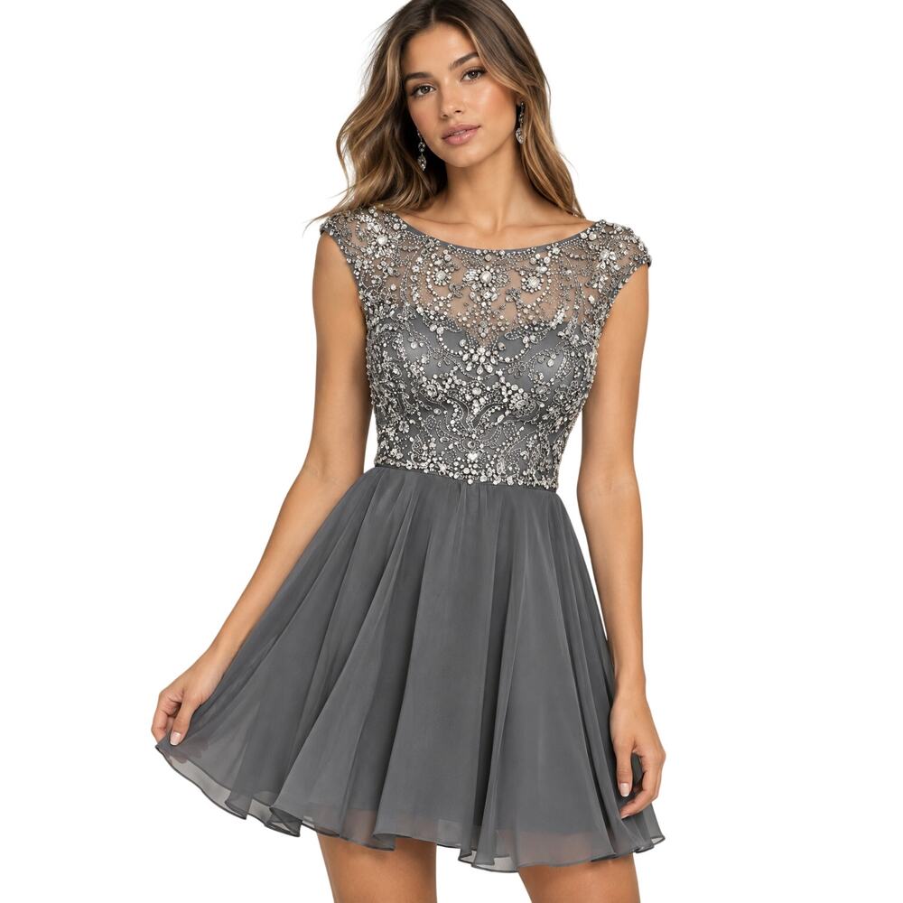 Sherri Hill Gray Embellished Beaded Fit & Flare Plus Size Dress EUC Size 18